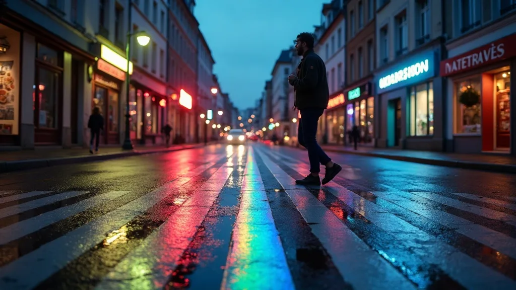 Passage pieton peint en arc-en-ciel sur asphalte mouille a Caen