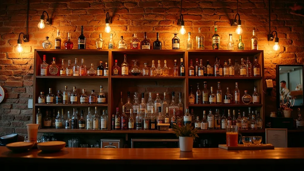 Mur arriere de bar etageres spiritueux ampoules Edison a Caen