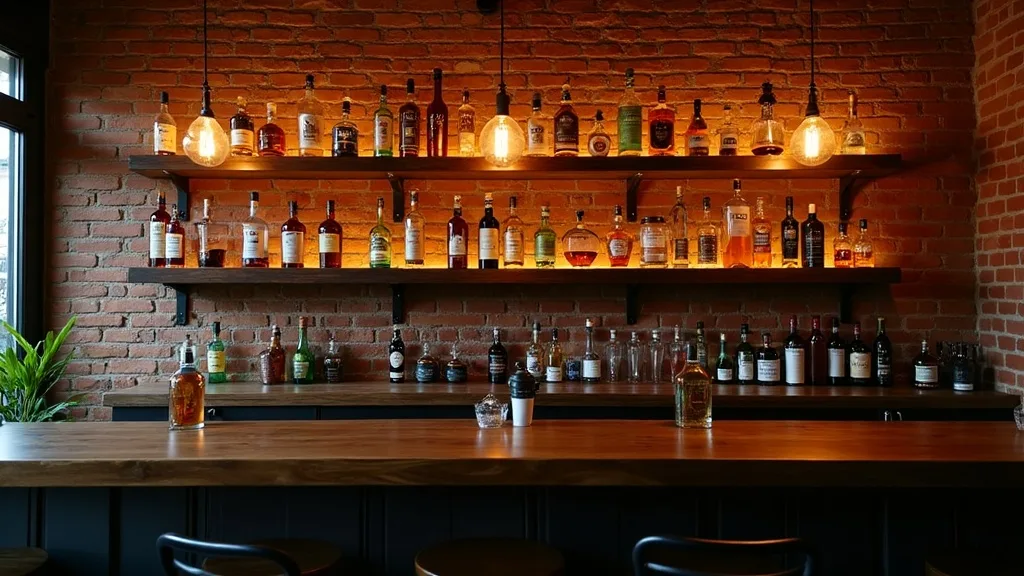 Mur arriere de bar etageres spiritueux ampoules Edison a Caen