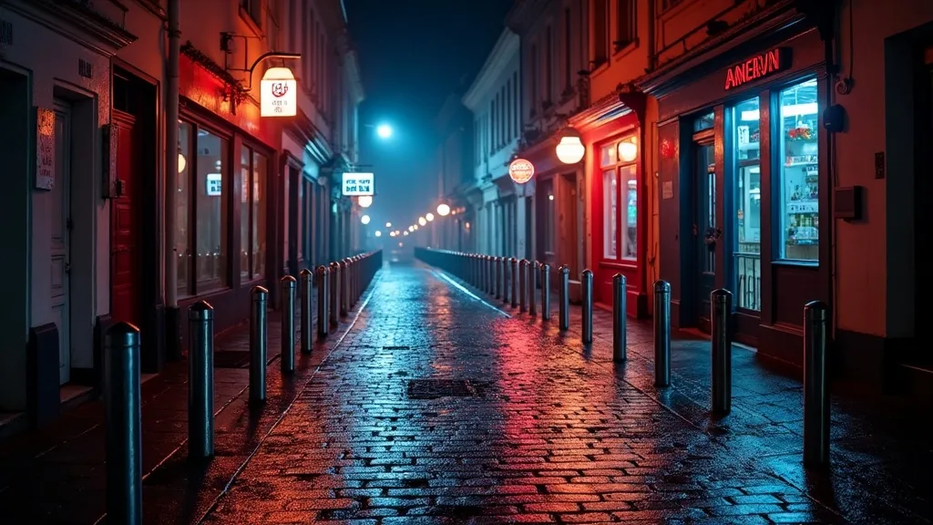 Ruelle pavee mouillee reflets neon a minuit a Caen