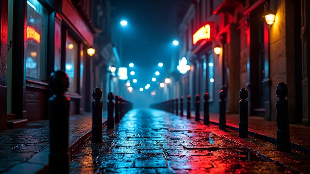Ruelle pavee mouillee reflets neon a minuit a Caen