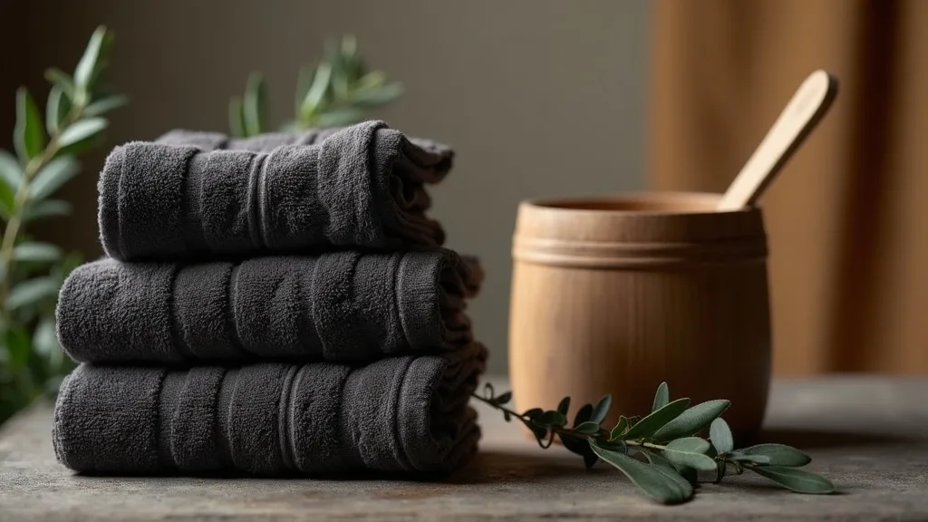 Serviettes pliees pres d un seau en bois et eucalyptus a Caen